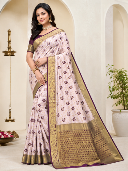 KeKoVi Soft Pink Floral Printed Saree with Rich Golden Zari Border & Designer Blouse Piece