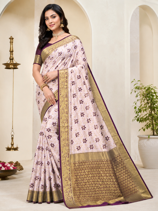 KeKoVi Soft Pink Floral Printed Saree with Rich Golden Zari Border & Designer Blouse Piece