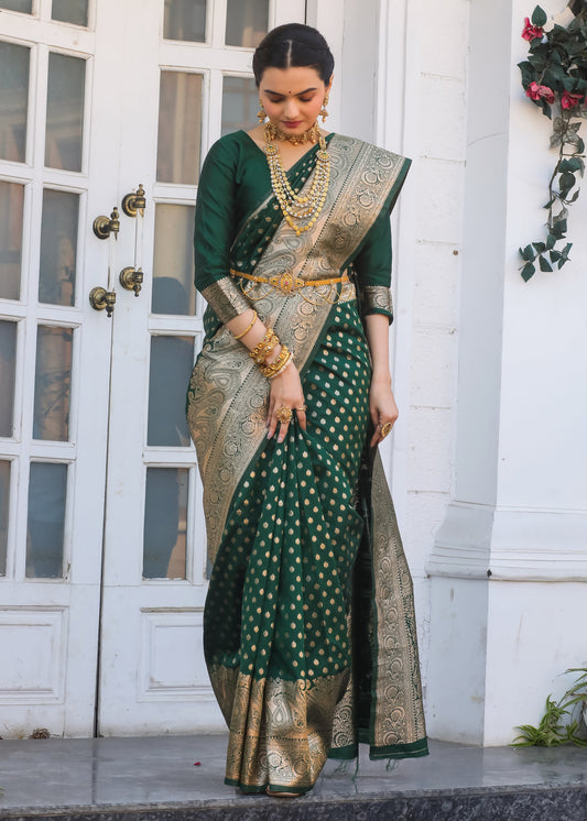 KeKoVi Women's Dark Green Banarasi Silk Saree with Rich Gold Zari Border & Unstitched Blouse | Wedding, Festive & Party Wear