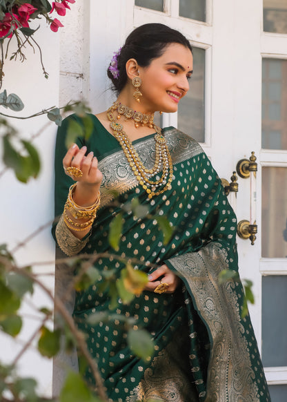 KeKoVi Women's Dark Green Banarasi Silk Saree with Rich Gold Zari Border & Unstitched Blouse | Wedding, Festive & Party Wear