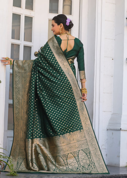 KeKoVi Women's Dark Green Banarasi Silk Saree with Rich Gold Zari Border & Unstitched Blouse | Wedding, Festive & Party Wear