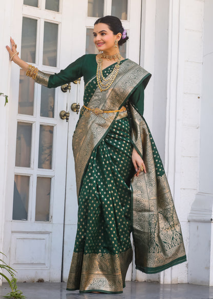 KeKoVi Women's Dark Green Banarasi Silk Saree with Rich Gold Zari Border & Unstitched Blouse | Wedding, Festive & Party Wear