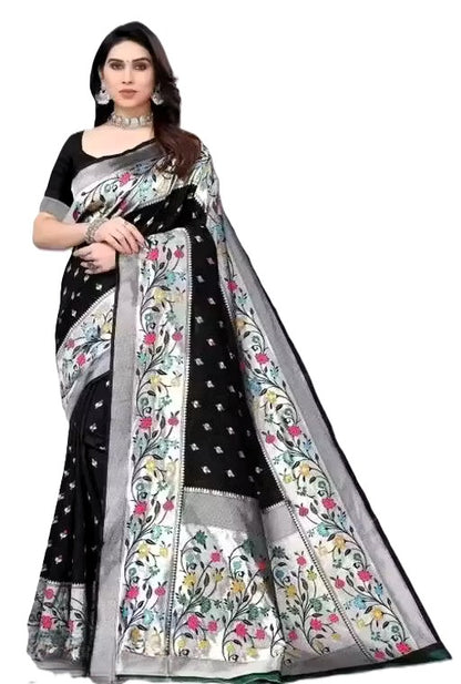 KeKoVi Black Floral Soft Silk Saree with Silver Woven Border & Unstitched Blouse | Party Wear | Wedding & Festive Saree
