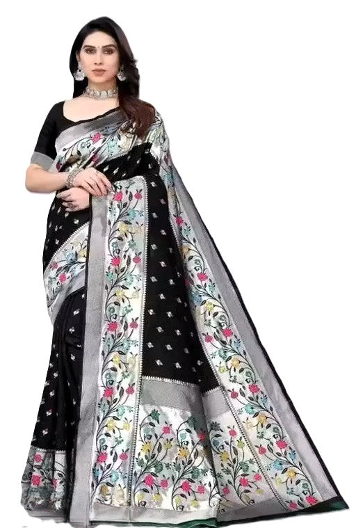 KeKoVi Black Floral Soft Silk Saree with Silver Woven Border & Unstitched Blouse | Party Wear | Wedding & Festive Saree