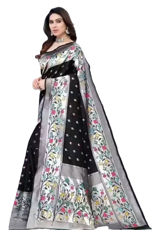 KeKoVi Black Floral Soft Silk Saree with Silver Woven Border & Unstitched Blouse | Party Wear | Wedding & Festive Saree