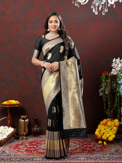 Black Color Exclusive Soft Silk Zari Woven Work With Rich Pallu and Contrast Border With Tessels Women's Saree with Unstiched Blouse Pieces.