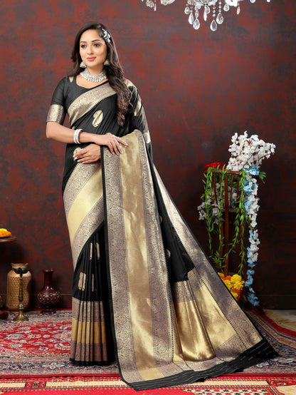 Black Color Exclusive Soft Silk Zari Woven Work With Rich Pallu and Contrast Border With Tessels Women's Saree with Unstiched Blouse Pieces.