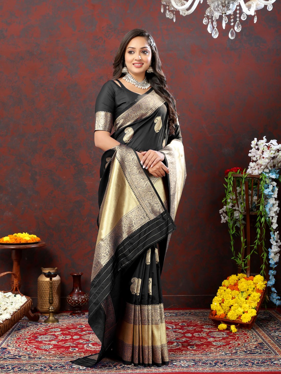 Black Color Exclusive Soft Silk Zari Woven Work With Rich Pallu and Contrast Border With Tessels Women's Saree with Unstiched Blouse Pieces.