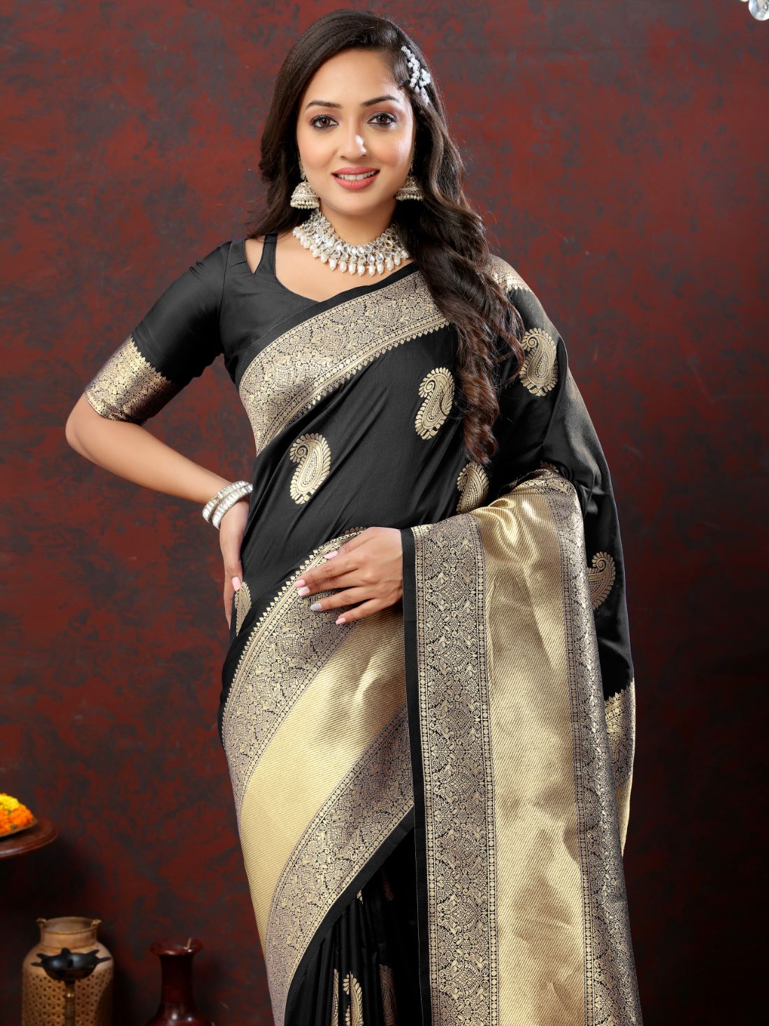 Black Color Exclusive Soft Silk Zari Woven Work With Rich Pallu and Contrast Border With Tessels Women's Saree with Unstiched Blouse Pieces.