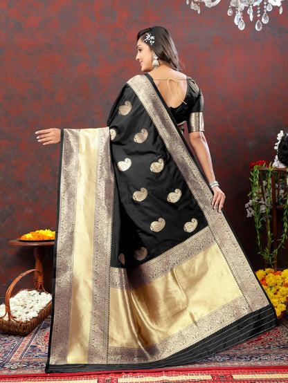 Black Color Exclusive Soft Silk Zari Woven Work With Rich Pallu and Contrast Border With Tessels Women's Saree with Unstiched Blouse Pieces.