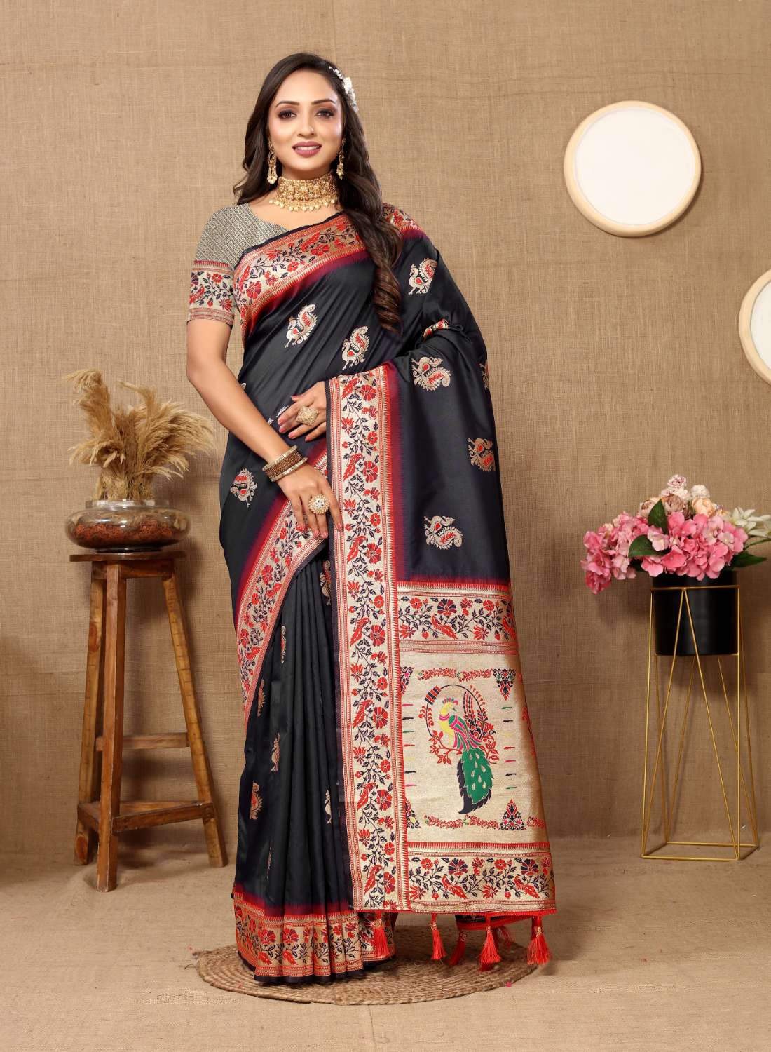 Black Color Zari Woven Soft Paithani Silk Sarees With Rich Weaving Pallu with tassels.