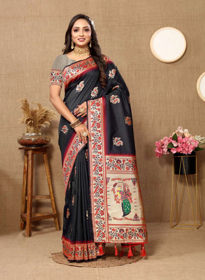 Black Color Zari Woven Soft Paithani Silk Sarees With Rich Weaving Pallu with tassels.