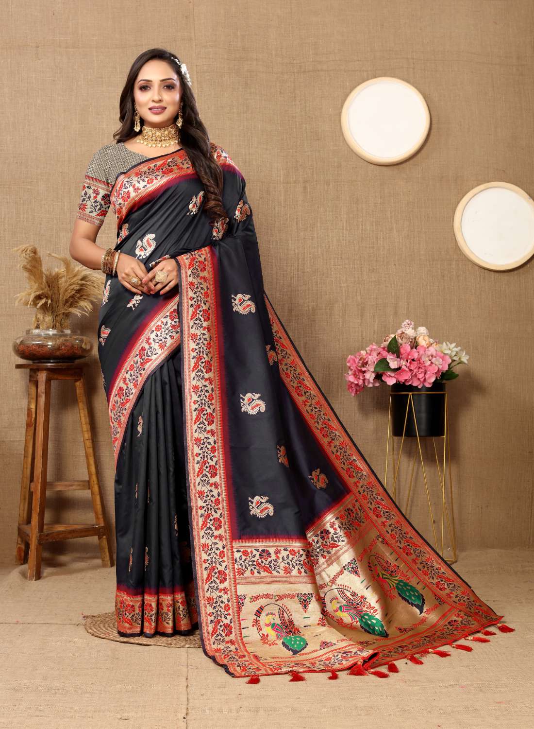 Black Color Zari Woven Soft Paithani Silk Sarees With Rich Weaving Pallu with tassels.