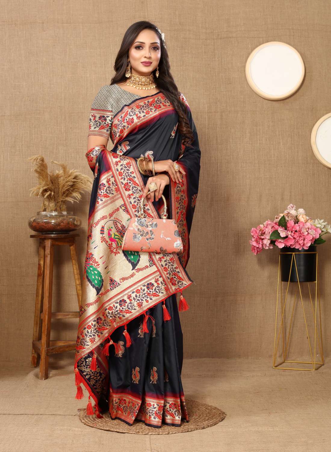 Black Color Zari Woven Soft Paithani Silk Sarees With Rich Weaving Pallu with tassels.