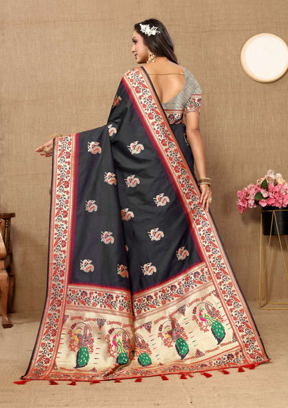 Black Color Zari Woven Soft Paithani Silk Sarees With Rich Weaving Pallu with tassels.