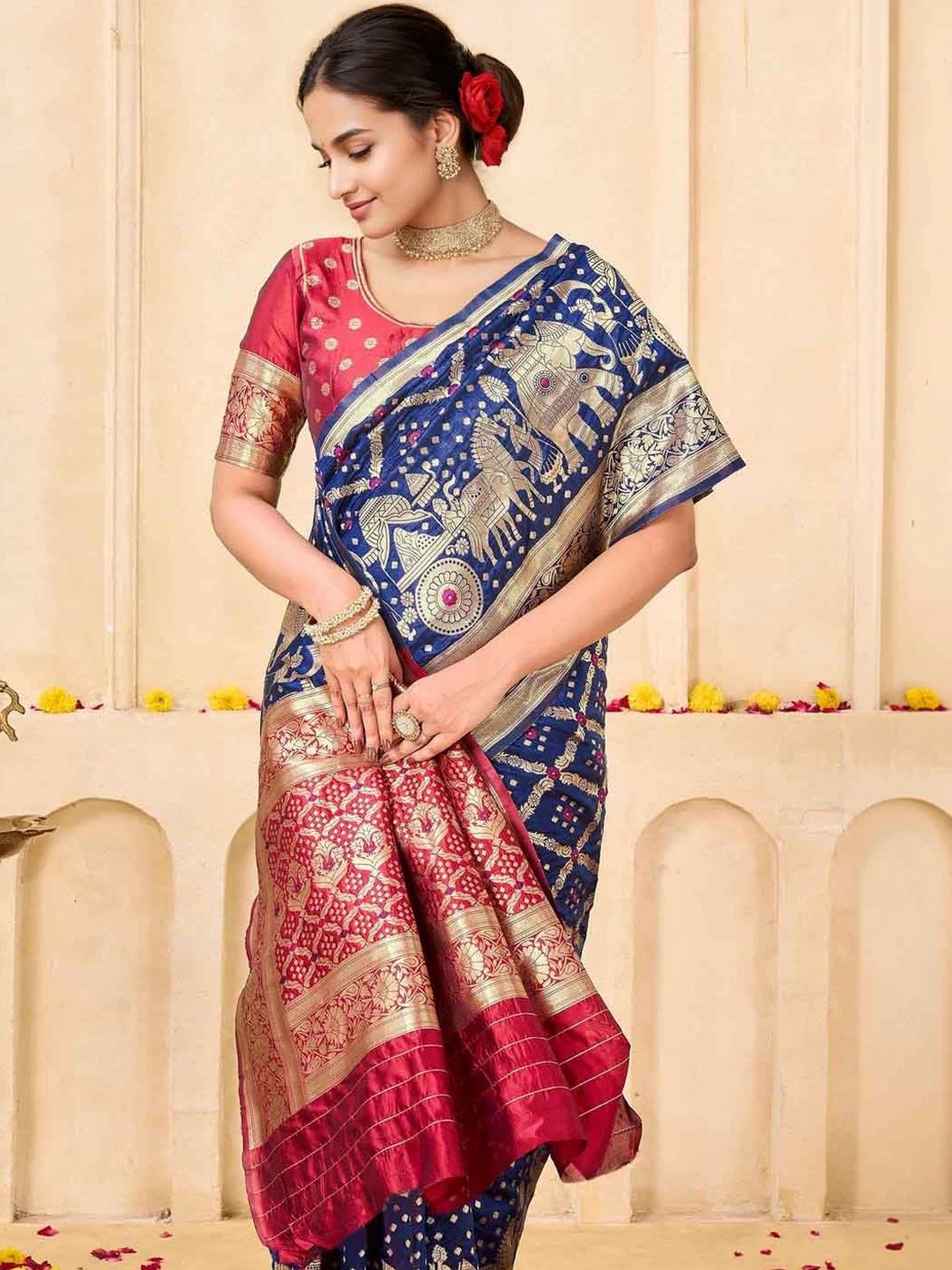 KeKoVi Women's Dark Green Banarasi Art Silk Saree with Rich Zari Border & Red Unstitched Blouse | Traditional Wedding & Festive Wear