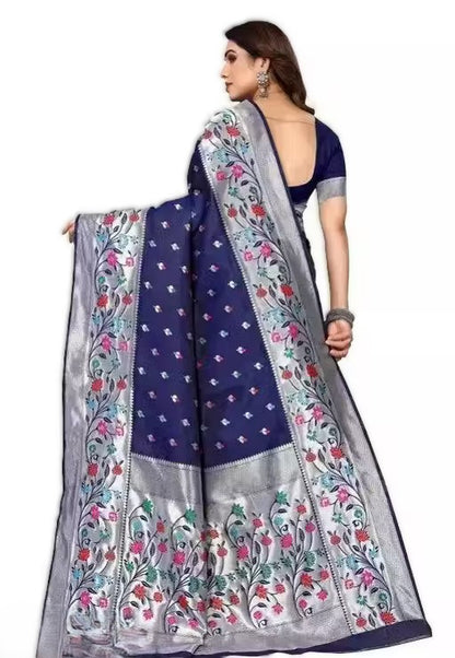 KeKoVi Black Floral Soft Silk Saree with Silver Woven Border & Unstitched Blouse | Party Wear | Wedding & Festive Saree