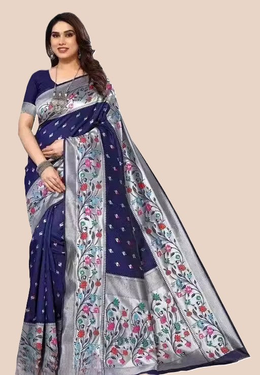 KeKoVi Black Floral Soft Silk Saree with Silver Woven Border & Unstitched Blouse | Party Wear | Wedding & Festive Saree