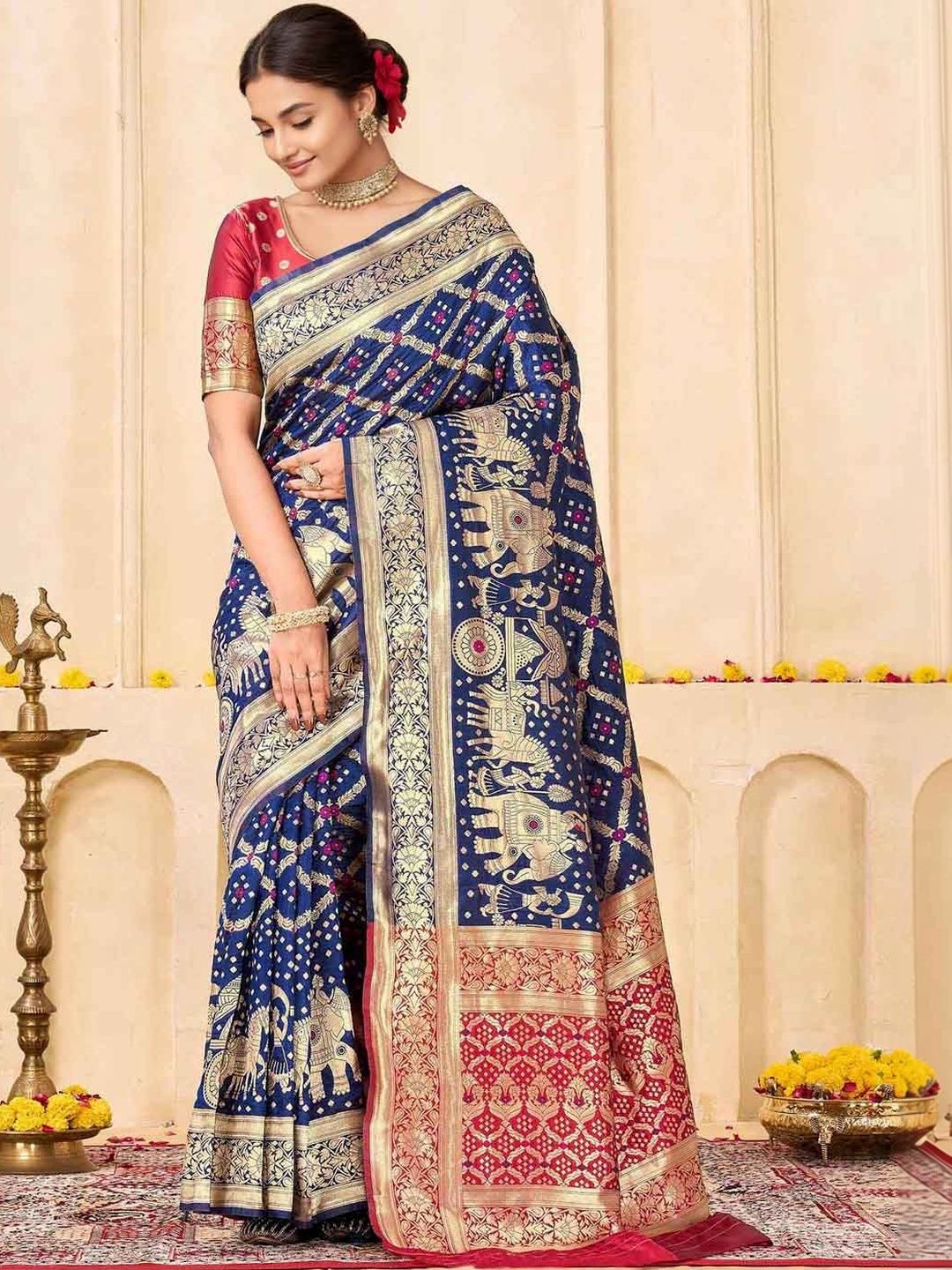 KeKoVi Women's Dark Green Banarasi Art Silk Saree with Rich Zari Border & Red Unstitched Blouse | Traditional Wedding & Festive Wear