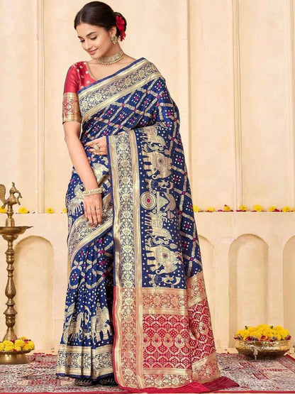 KeKoVi Women's Dark Green Banarasi Art Silk Saree with Rich Zari Border & Red Unstitched Blouse | Traditional Wedding & Festive Wear