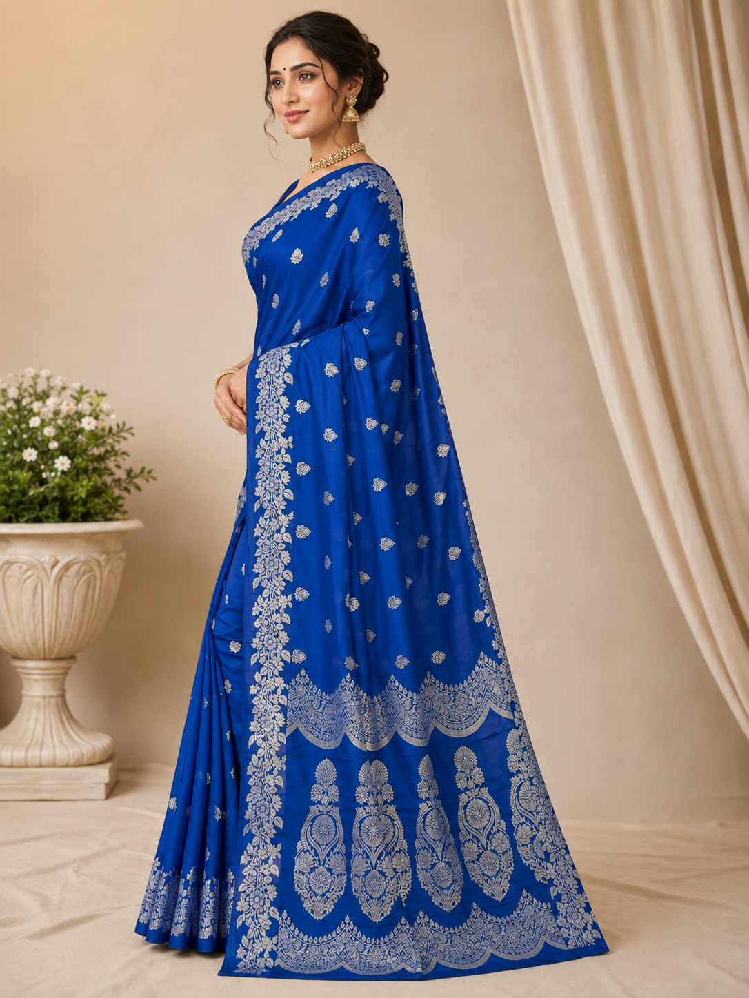Royal Blue Banarasi Silk Saree with Silver Zari Woven Border & Rich Pallu | Wedding & Festive Wear