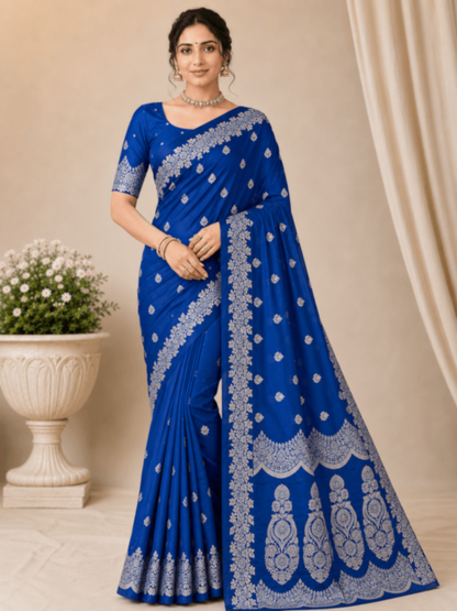 Royal Blue Banarasi Silk Saree with Silver Zari Woven Border & Rich Pallu | Wedding & Festive Wear