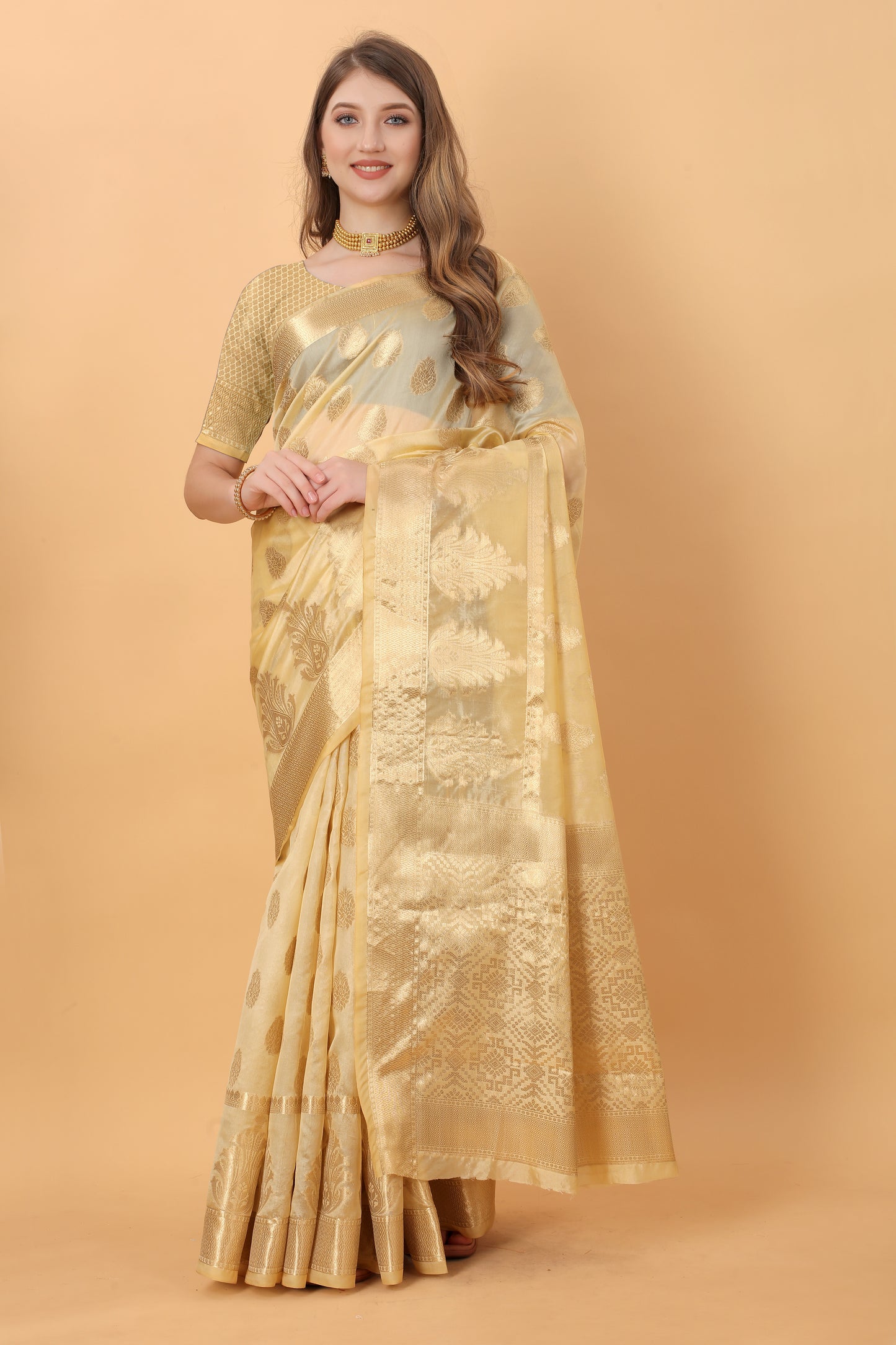 Golden Color Women’s Rich Golden Zari Woven Soft Organza Silk Saree with Unstitched Blouse Piece