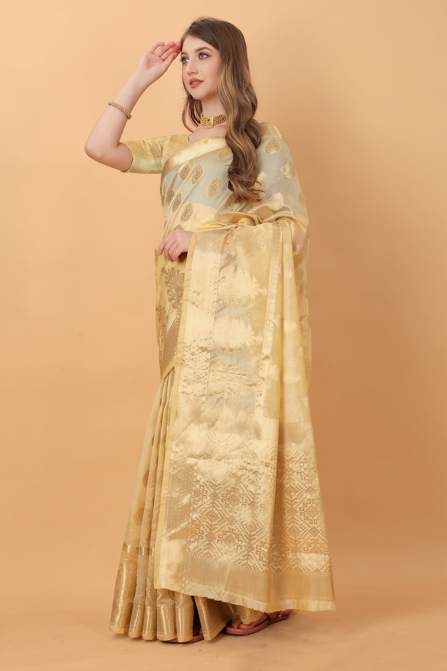 Golden Color Women’s Rich Golden Zari Woven Soft Organza Silk Saree with Unstitched Blouse Piece