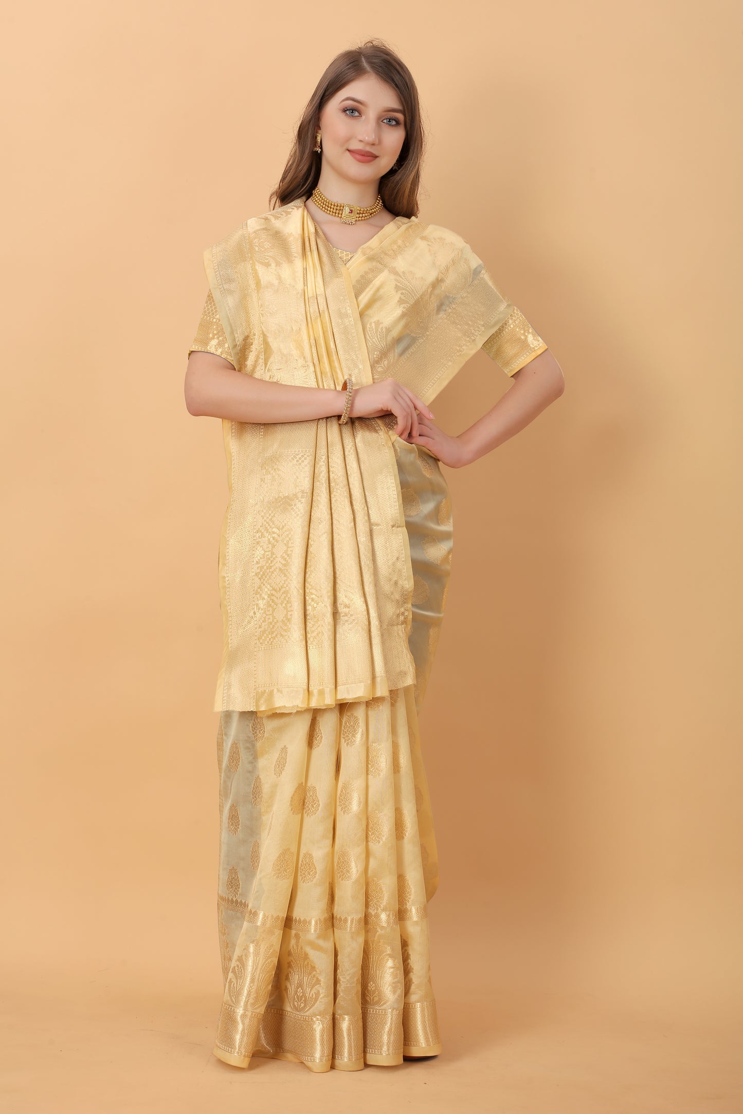 Golden Color Women’s Rich Golden Zari Woven Soft Organza Silk Saree with Unstitched Blouse Piece