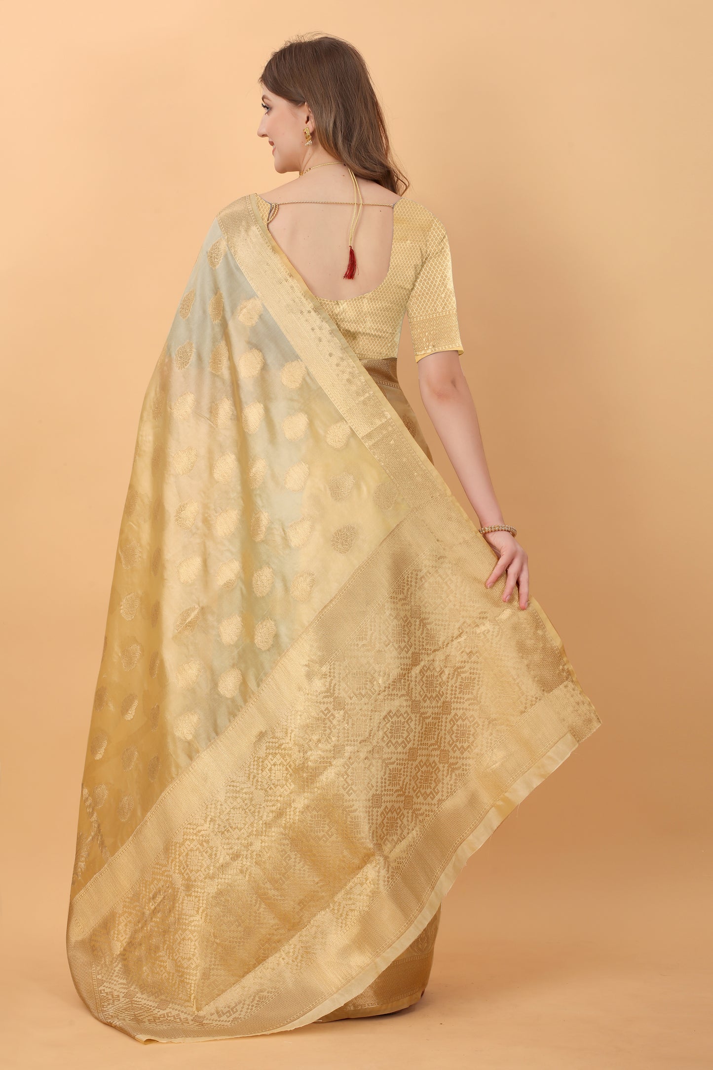 Golden Color Women’s Rich Golden Zari Woven Soft Organza Silk Saree with Unstitched Blouse Piece