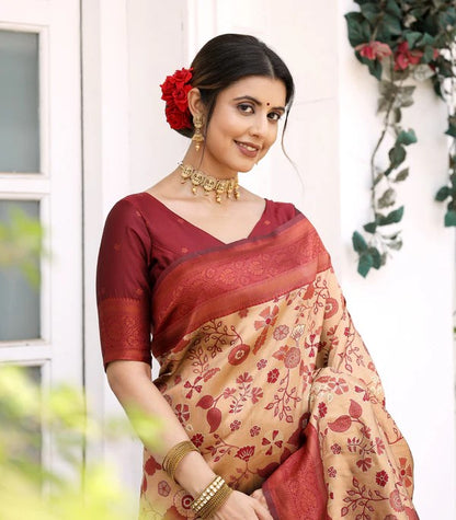 KeKoVi Olive Green Banarasi Silk Saree with Rich Zari Floral Weaving & Unstitched Blouse | Festive, Wedding & Party Wear