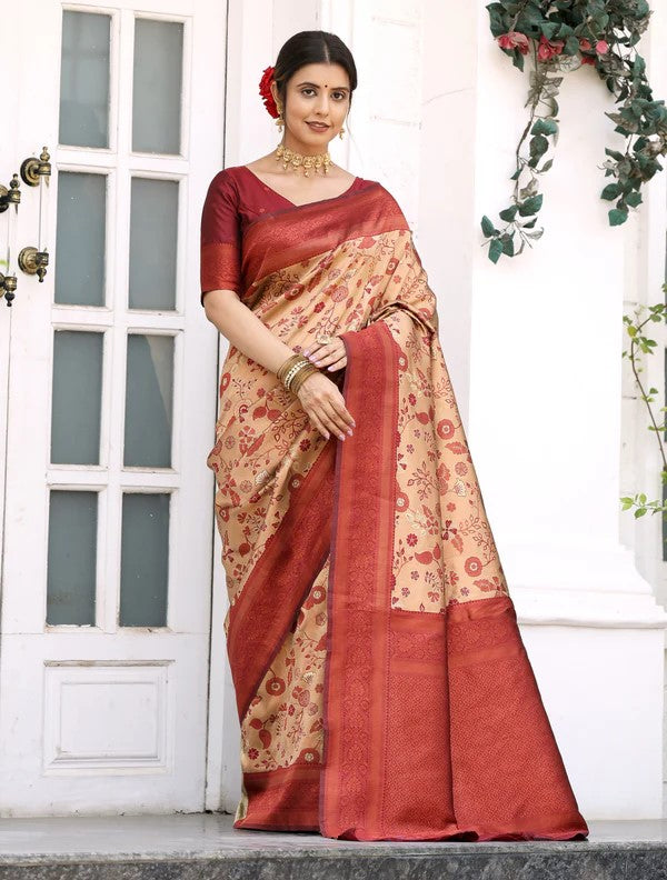 KeKoVi Olive Green Banarasi Silk Saree with Rich Zari Floral Weaving & Unstitched Blouse | Festive, Wedding & Party Wear