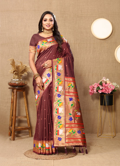 Soft Paithani Silk Saree with Meenakari Weaving Design.