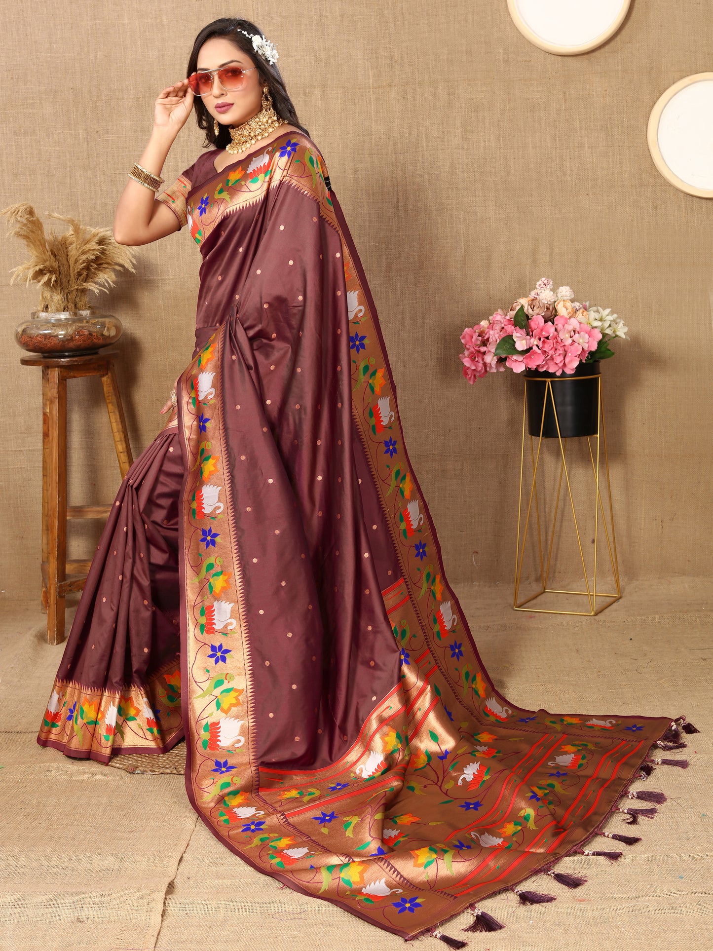 Soft Paithani Silk Saree with Meenakari Weaving Design.