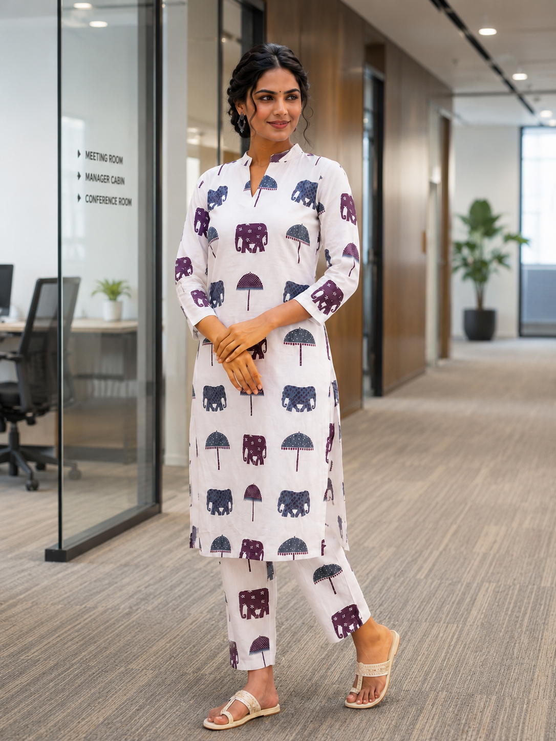 Women's White Cotton Elephant Print Straight Kurta Pant Set | Ethnic Casual Co-Ord Set