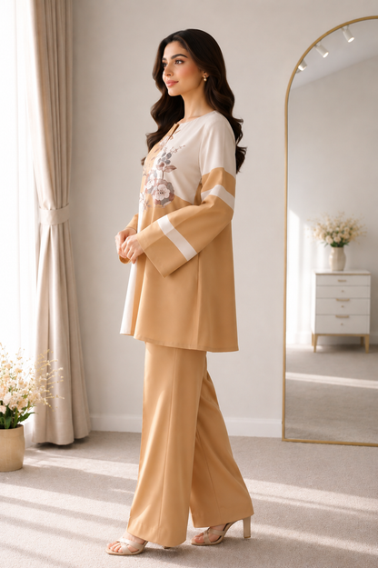 Women's Elegant Floral Printed Co-Ord Set | Beige & Mustard Premium Casual Wear