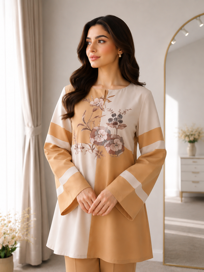 Women's Elegant Floral Printed Co-Ord Set | Beige & Mustard Premium Casual Wear