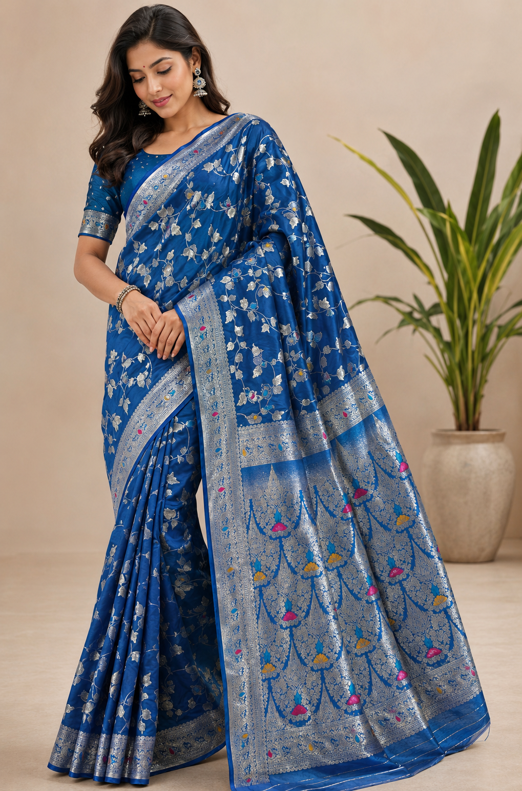 Royal Blue Banarasi Silk Blend Saree with Silver Zari Floral Jaal Weaving & Rich Woven Pallu