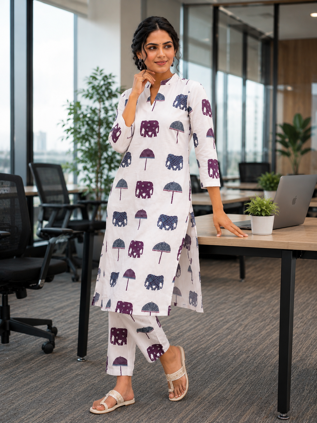 Women's White Cotton Elephant Print Straight Kurta Pant Set | Ethnic Casual Co-Ord Set
