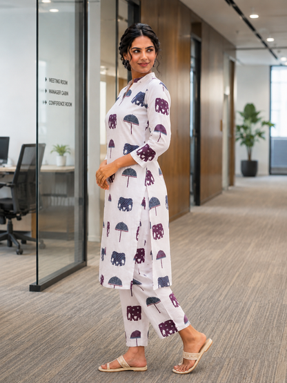 Women's White Cotton Elephant Print Straight Kurta Pant Set | Ethnic Casual Co-Ord Set