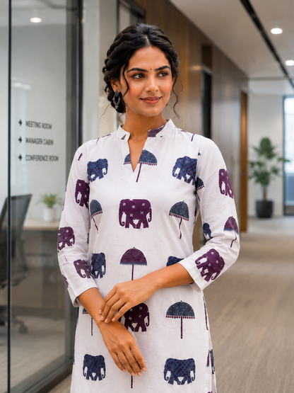 Women's White Cotton Elephant Print Straight Kurta Pant Set | Ethnic Casual Co-Ord Set