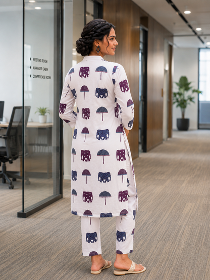 Women's White Cotton Elephant Print Straight Kurta Pant Set | Ethnic Casual Co-Ord Set