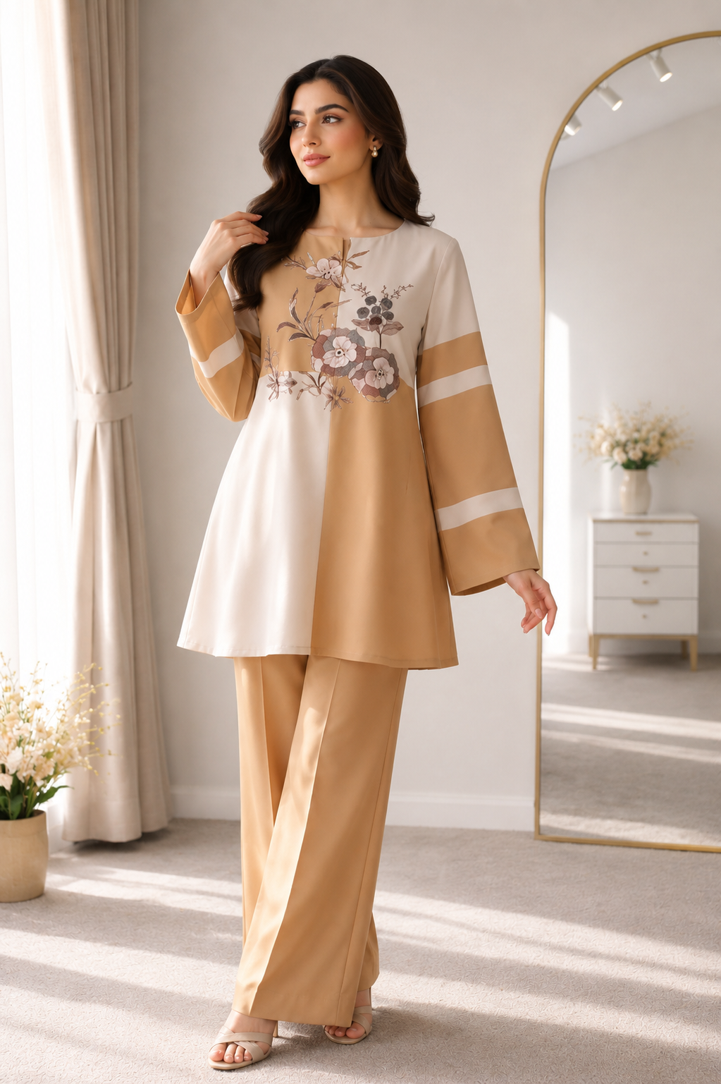 Women's Elegant Floral Printed Co-Ord Set | Beige & Mustard Premium Casual Wear