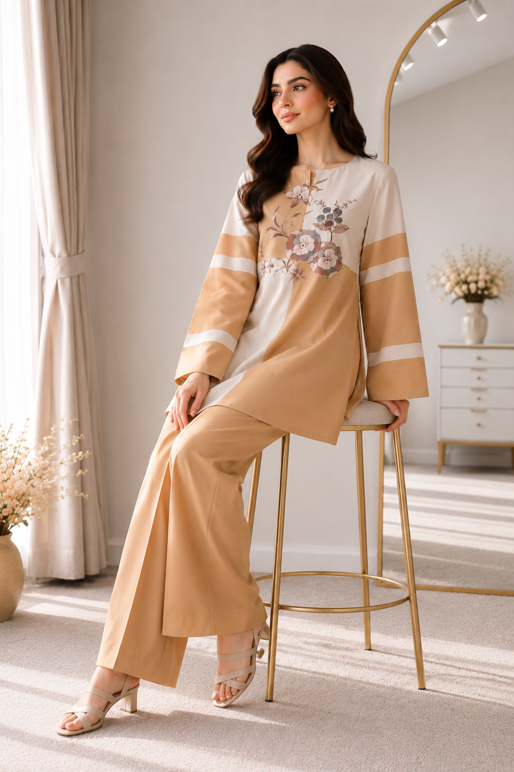 Women's Elegant Floral Printed Co-Ord Set | Beige & Mustard Premium Casual Wear