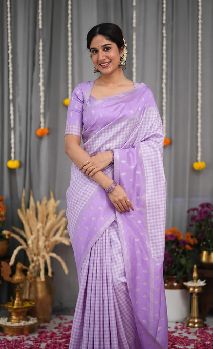 KeKoVi Women's Light Golden Yellow Banarasi Silk Saree with Rich Zari Border & Unstitched Blouse