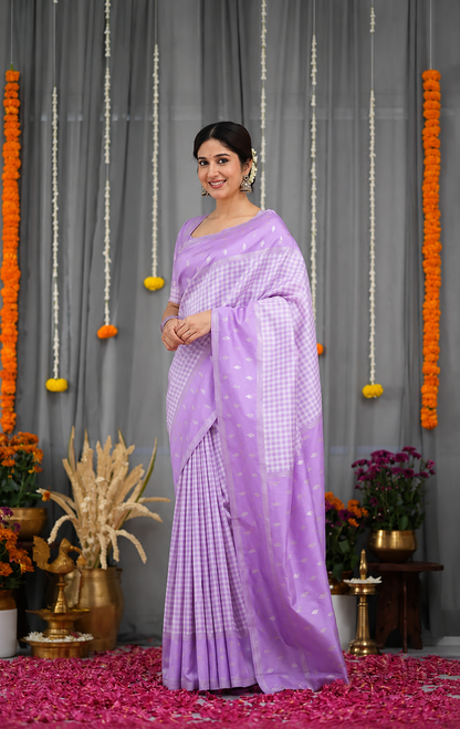 KeKoVi Women's Light Golden Yellow Banarasi Silk Saree with Rich Zari Border & Unstitched Blouse