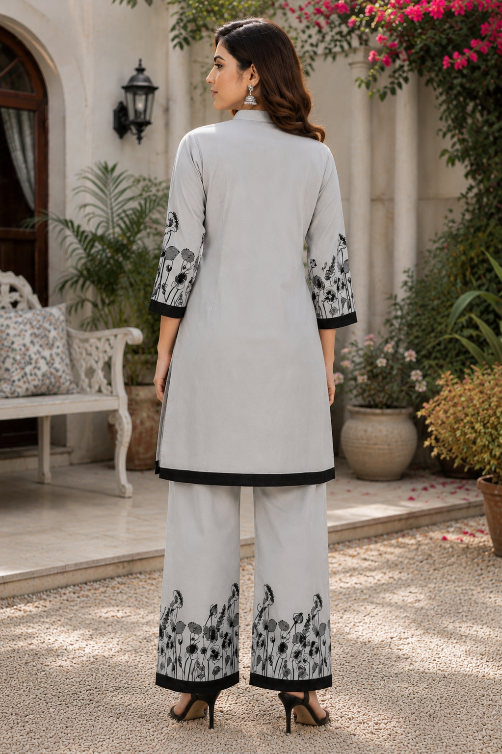 Grey Printed Cotton Co-Ord Set for Women | Designer Kurta Palazzo Set | KeKoVi