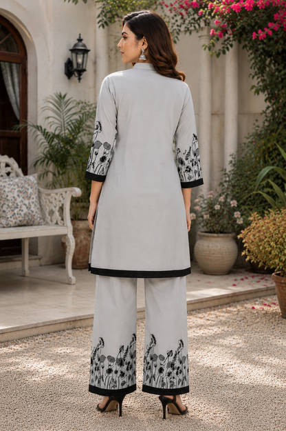 Grey Printed Cotton Co-Ord Set for Women | Designer Kurta Palazzo Set | KeKoVi