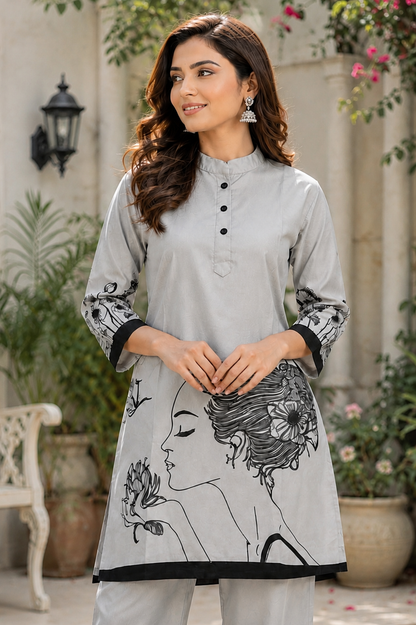 Grey Printed Cotton Co-Ord Set for Women | Designer Kurta Palazzo Set | KeKoVi