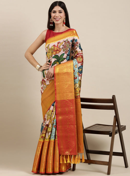 Soft Kanjivaram Silk Saree with Kalamkari Design